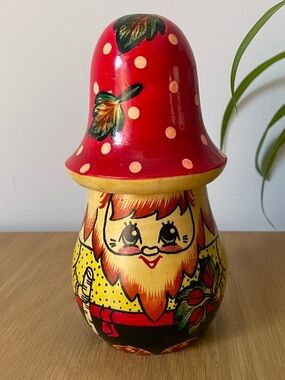 Vintage Hand-Painted Wooden Gnome Mushroom Doll Figurine 🍄